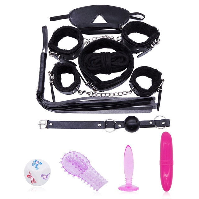 11pcs/Set Handcuffs, Footcuffs, Anal Plug, Vibrator Dildo