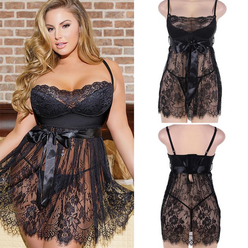 Lingerie Erotic Women Black Lace Plus Size Costume Sleepwear Dress
