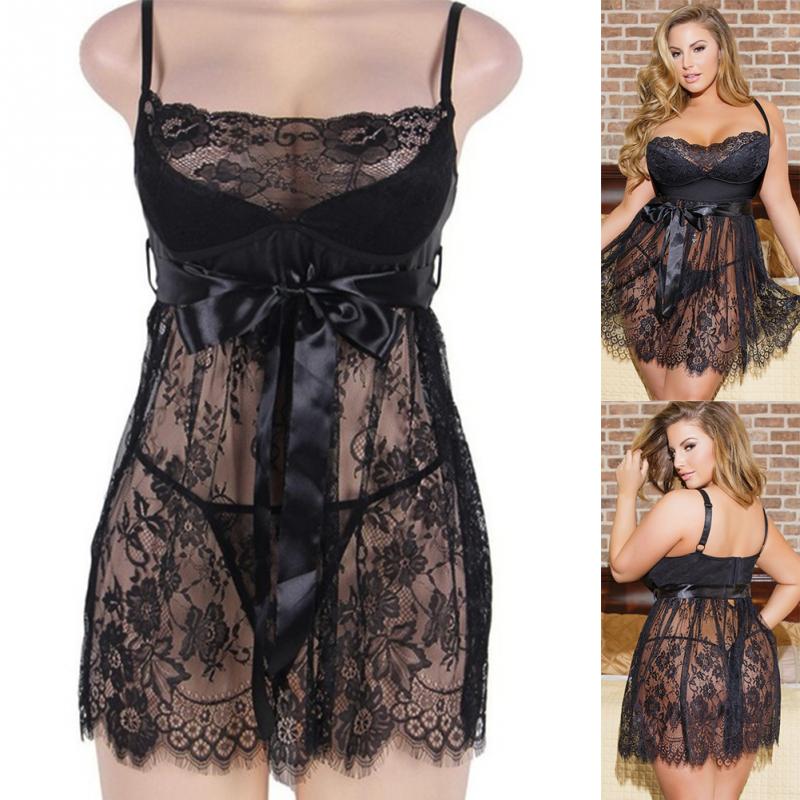 Lingerie Erotic Women Black Lace Plus Size Costume Sleepwear Dress