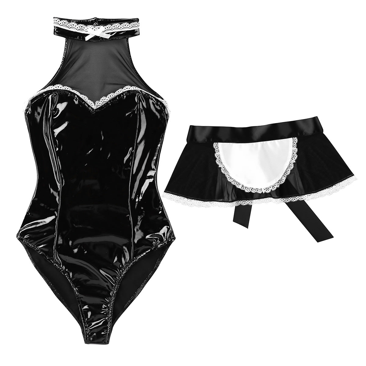 Womens Wet Look Patent Leather Maid Cosplay Costume