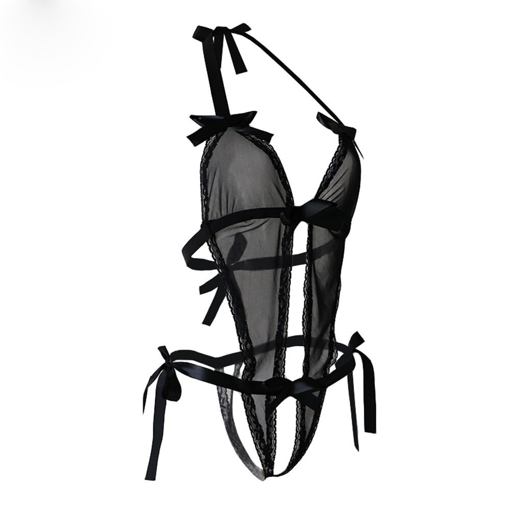 V-Neck Black Lace Spliced Erotic Lingerie Costumes