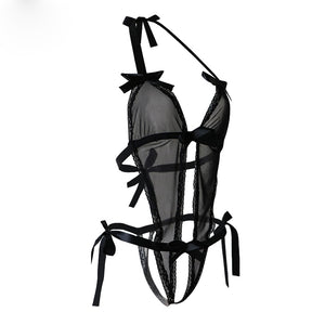 V-Neck Black Lace Spliced Erotic Lingerie Costumes