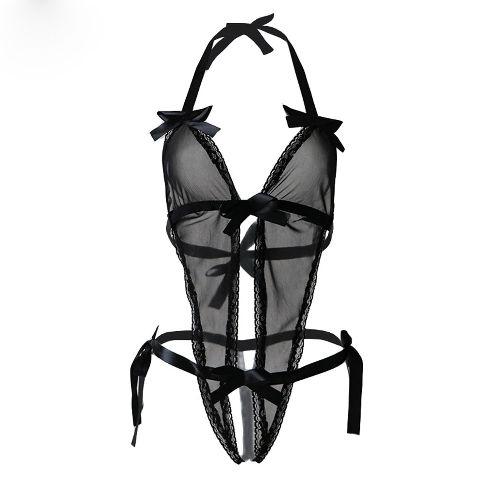 V-Neck Black Lace Spliced Erotic Lingerie Costumes