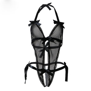 V-Neck Black Lace Spliced Erotic Lingerie Costumes