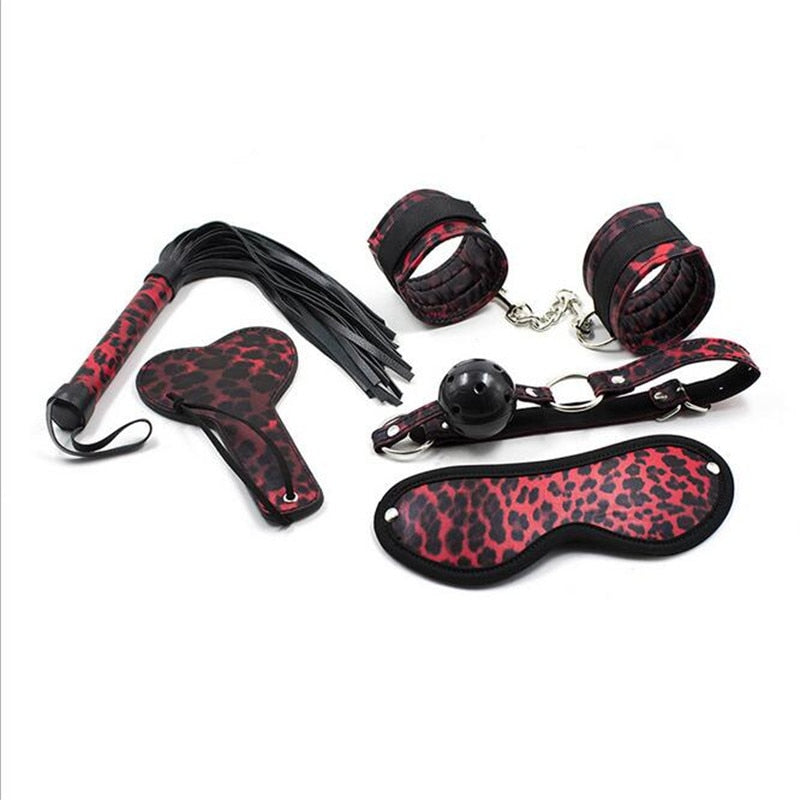 5 Pcs/Set Sexy Leopard Whip Handcuff Gag Eye Mask