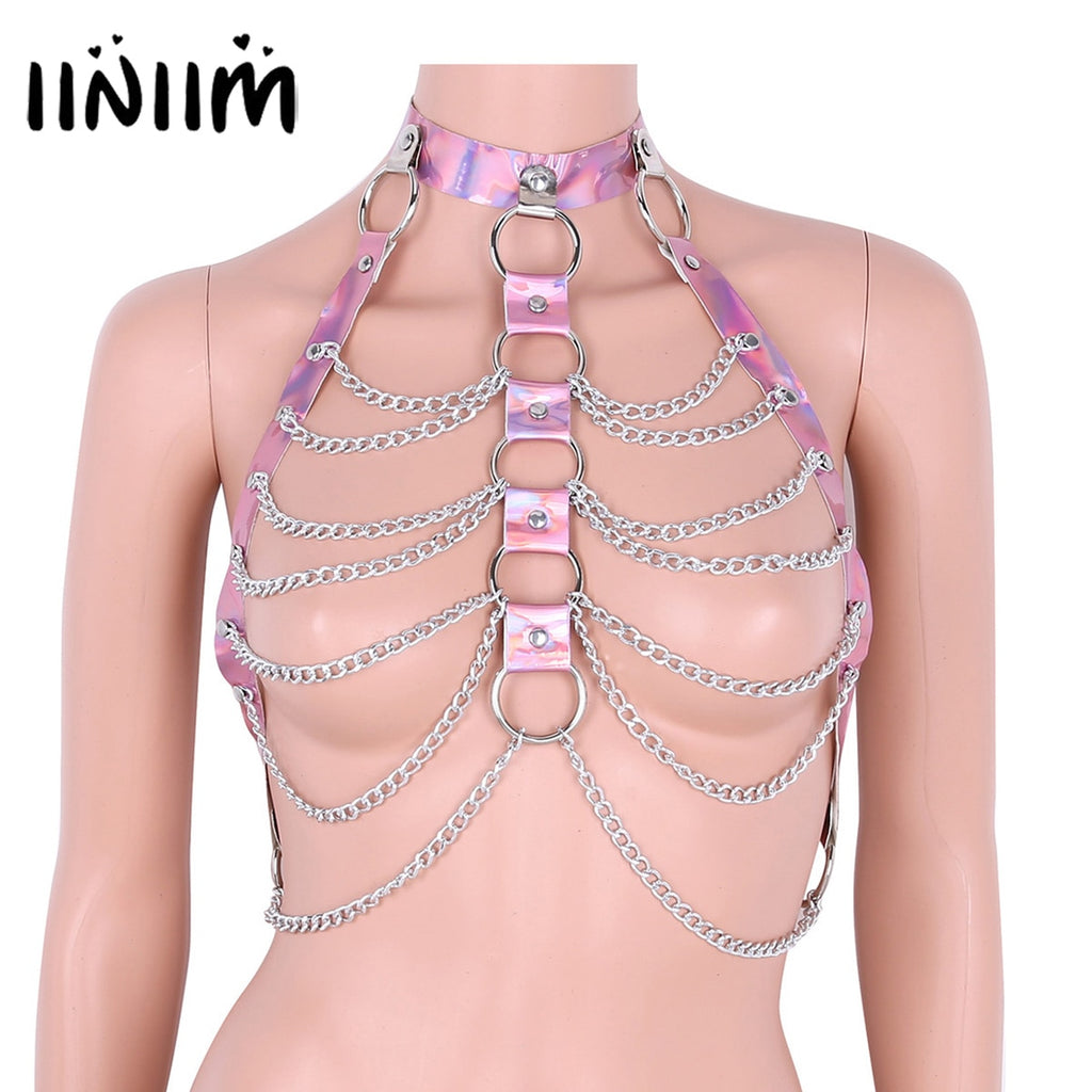 Belt Halter Neck Tank Tops Body Bust Harness Belt with O-Rings Chain Tassels