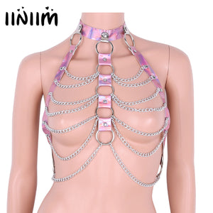 Belt Halter Neck Tank Tops Body Bust Harness Belt with O-Rings Chain Tassels